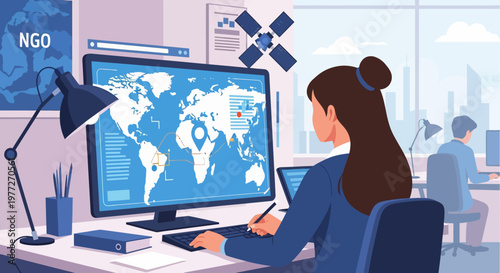 Woman Working on Computer with Global Map.