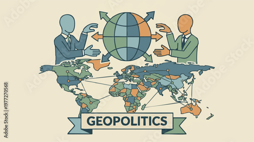Geopolitics concept with world map, global connections, and businessmen