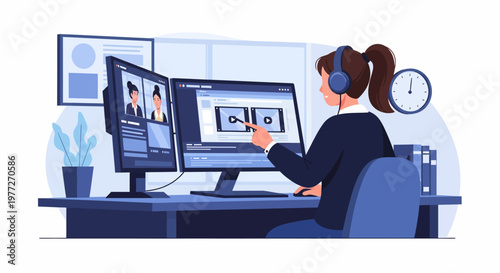 Woman Working on Computer with Headset.