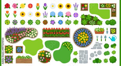 Colorful assortment of flowers plants garden elements and landscaping features