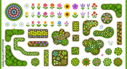 Colorful collection of various flower arrangements and garden layouts top view
