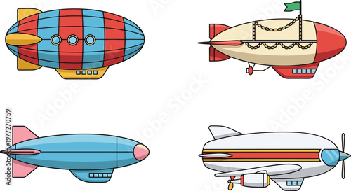 Airship Blimp Illustration Set with Vintage Zeppelin and Modern Flying Balloon Designs for Aviation Travel and Advertising Collection