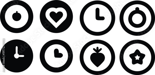Black circular icons set with hearts, fruits, clock, and star symbols vector.