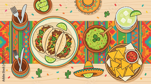 An inviting flat design illustration showcasing a delicious Cinco de Mayo feast, complete with tacos, guacamole, chips, and a refreshing margarita. 