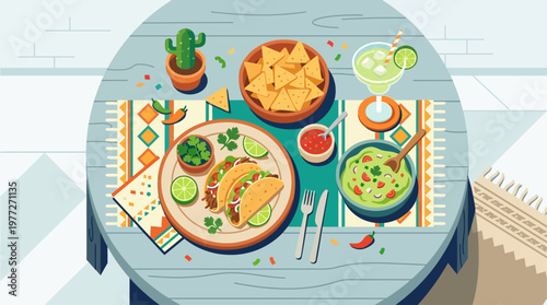 An inviting flat design illustration showcasing a delicious Cinco de Mayo feast, complete with tacos, guacamole, chips, and a refreshing margarita. 