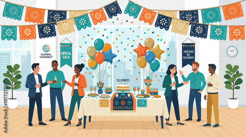 A vibrant flat design illustration featuring traditional papel picado banners adorning a festive Cinco de Mayo celebration scene. 