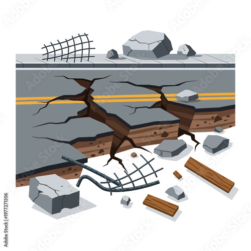 Cracked Road Surface After Earthquake - Illustration