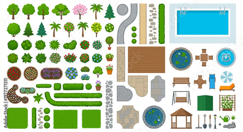 Aerial view of various garden and landscaping elements arranged neatly
