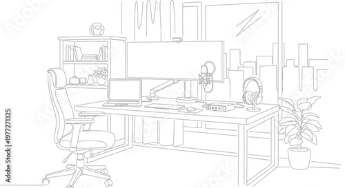 Desk with computer and office chair.