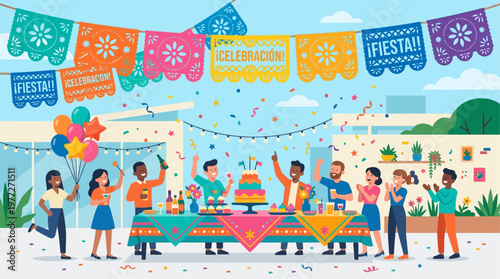 A vibrant flat design illustration featuring traditional papel picado banners adorning a festive Cinco de Mayo celebration scene. 