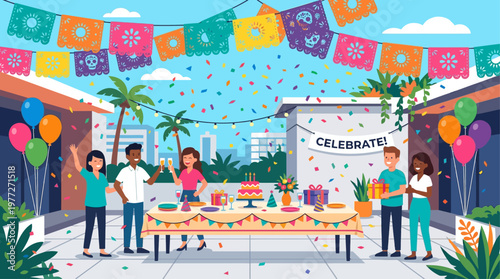 A vibrant flat design illustration featuring traditional papel picado banners adorning a festive Cinco de Mayo celebration scene. 