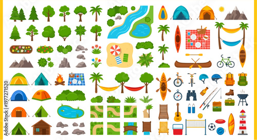 Colorful collection of camping and outdoor recreation vector icons and elements
