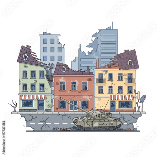 Damaged city street with tank and destroyed buildings, war aftermath illustration