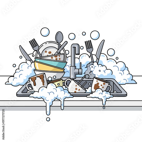 Dirty dishes piled high in kitchen sink with soap suds and bubbles, illustration
