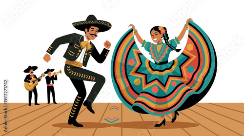 An energetic flat design illustration depicting a man and woman performing traditional Mexican folk dances, embodying the cultural richness of Cinco de Mayo. This 2D vector artwork showcases a minimal
