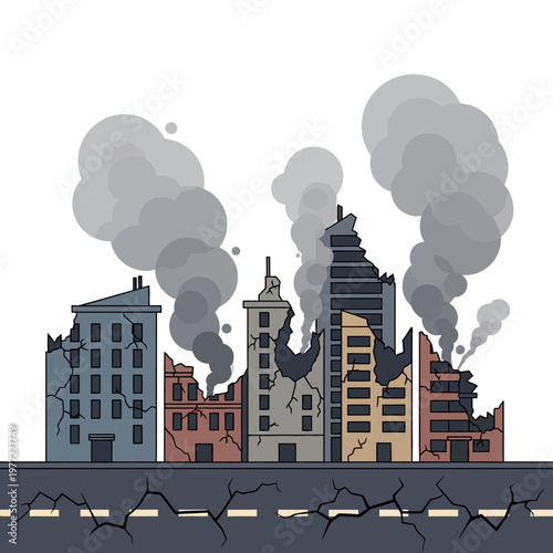 Destroyed city skyline with smoke rising from damaged buildings and cracked road