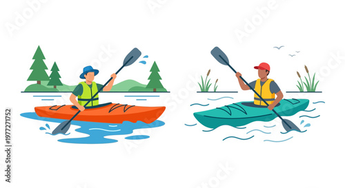 Two kayakers paddling on a calm lake surrounded by greenery