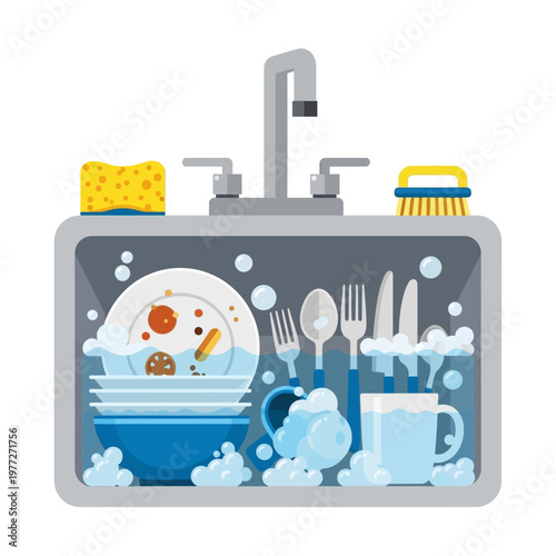 Dirty dishes piled in a sink with soap bubbles and a faucet, kitchen cleaning concept