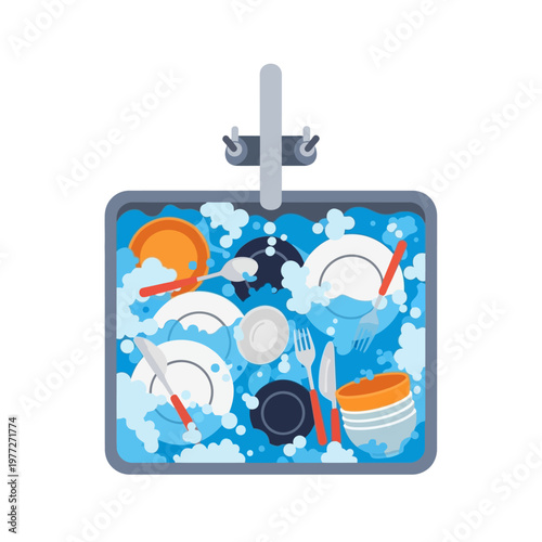 Dirty dishes piled in a soapy kitchen sink, top view illustration