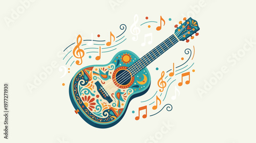 An artistic flat design illustration featuring a Mexican-style acoustic guitar surrounded by musical notes, representing the vibrant sounds of Cinco de Mayo. 