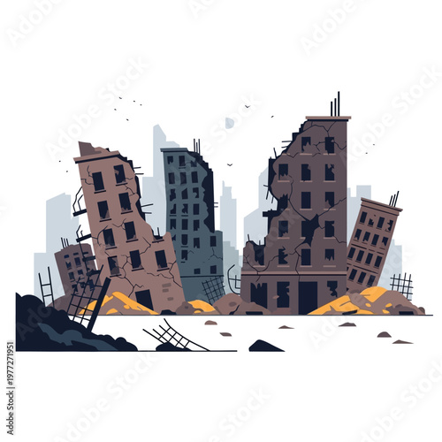 Destroyed cityscape with crumbling buildings and debris, illustration