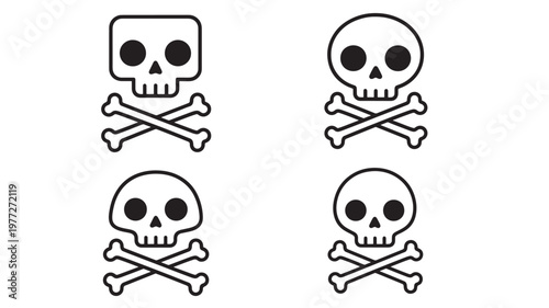 Skull and crossbones icons with four distinct styles of skulls and bone arrangements for design elements and warnings