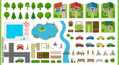 A colorful collection of vector elements depicting a suburban landscape