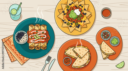 An appetizing flat design illustration showcasing a delicious spread of traditional Mexican dishes like enchiladas, nachos, and quesadillas for Cinco de Mayo. 