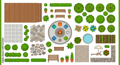 Aerial view of a colorful garden with patio fire pit and furniture