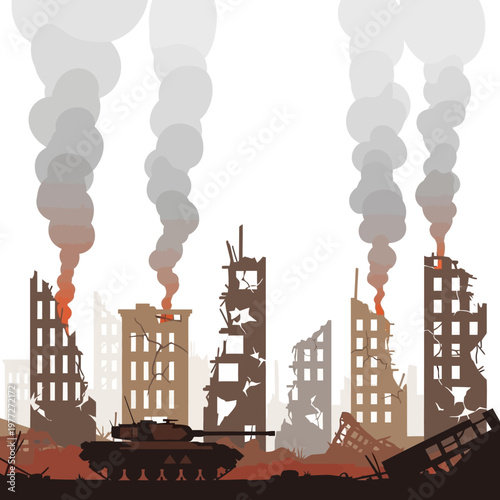 Destroyed Cityscape with Tank and Smoke, War Ruins, Urban Destruction
