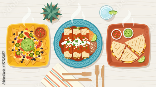 An appetizing flat design illustration showcasing a delicious spread of traditional Mexican dishes like enchiladas, nachos, and quesadillas for Cinco de Mayo. 