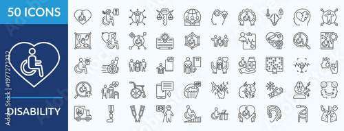 disability  - Icon Collection. Thin outline Set contains such Icons as experience difficult, certain activities, equitable access, society, cognitive
 and more. Simple web icons set
