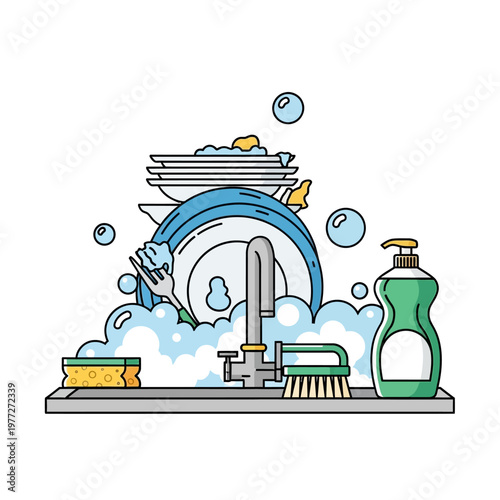 Kitchen Sink Overflowing With Dirty Dishes, Soap Bubbles and Cleaning Supplies