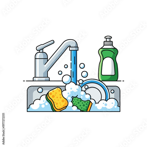 Kitchen sink with running water, soap, sponges, and dishes in foam