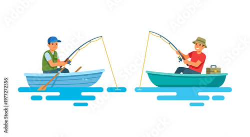 Obraz na plátně Two men fishing from small boats on a calm blue water surface