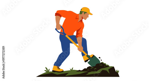 A man in orange diligently digs into the earth with a shovel