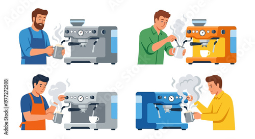 Four illustrations of baristas preparing coffee with espresso machines