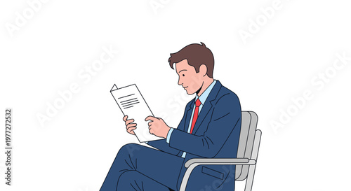 Businessman in a suit reading a document on a chair isolated on white
