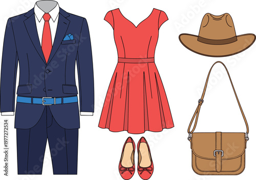 Fashion Outfit Illustration Set with Suit Dress Shoes Bag and Hat for Stylish Clothing Design and Modern Lifestyle Collection