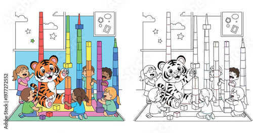 Cute cartoon children and a tiger building tall block towers together, happy kids playing educational games