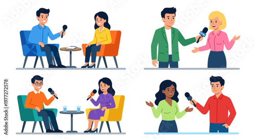 Diverse group of people participating in interviews and panel discussions