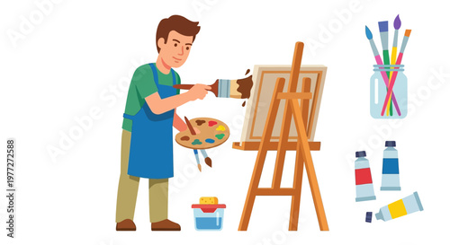 A young artist painting at an easel with various art supplies