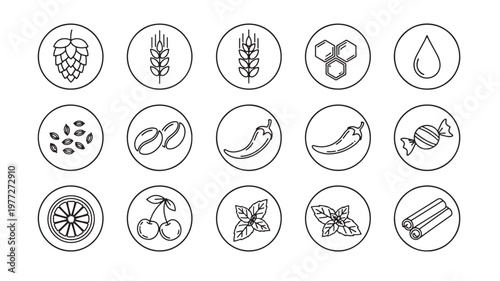 Food ingredient icons with hop, wheat, coffee, chili, candy, citrus, cherries, herbs, cinnamon, and more