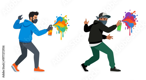 Two masked figures actively spray painting with vibrant colorful aerosols