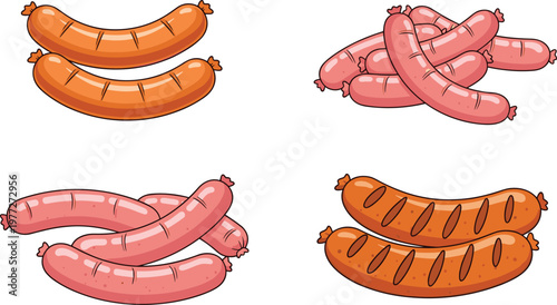 Sausage Illustration Set with Raw and Grilled Meat Links for Food Ingredient Cooking and Butcher Product Design Collection
