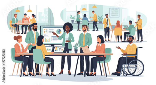 Diverse group of professionals collaborating in a modern office setting, with some individuals in wheelchairs, emphasizing inclusivity and teamwork.