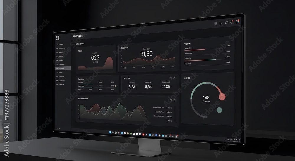 Fototapeta premium Curved Monitor Displaying Dark Data Dashboard in Modern Office