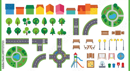 Foto Colorful illustrated set of city building blocks and park elements