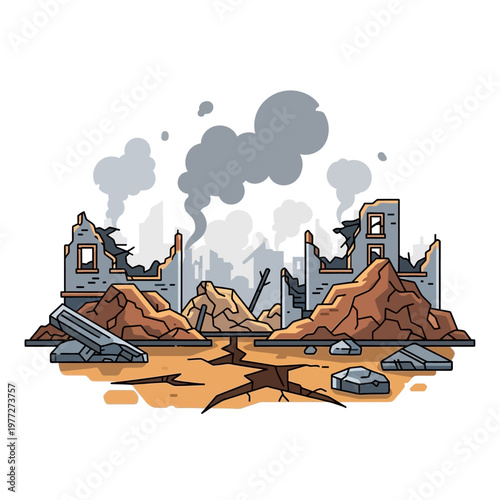 Ruined Cityscape After Disaster: Collapsed Buildings, Smoke, Debris, and Cracked Ground