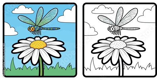 Cartoon vector illustration of a cute green dragonfly hovering above a white daisy flower in a garden